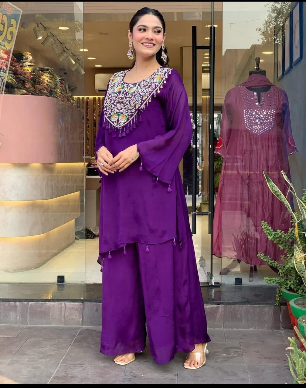 Women Purple Embroidery Rayon Co-Ord set