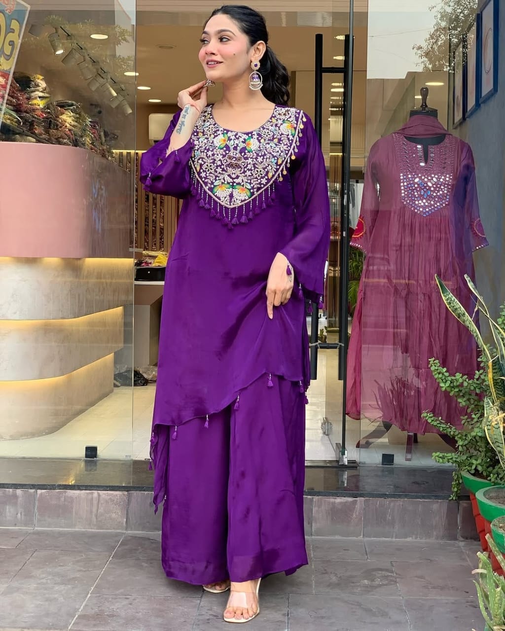 Women Purple Embroidery Rayon Co-Ord set