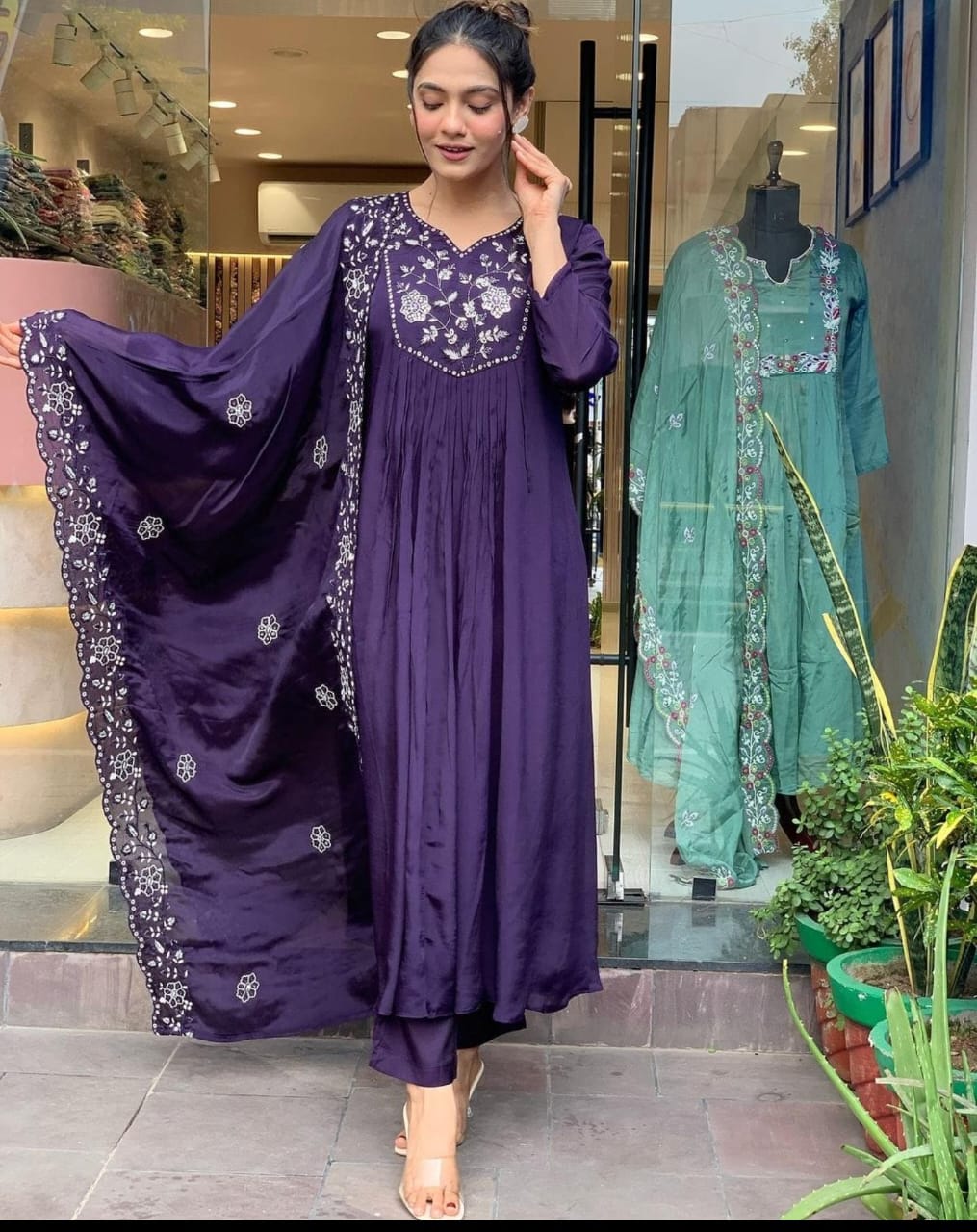 Women Purple Embroidery Rayon Kurta Pant and Chinon Dupatta set