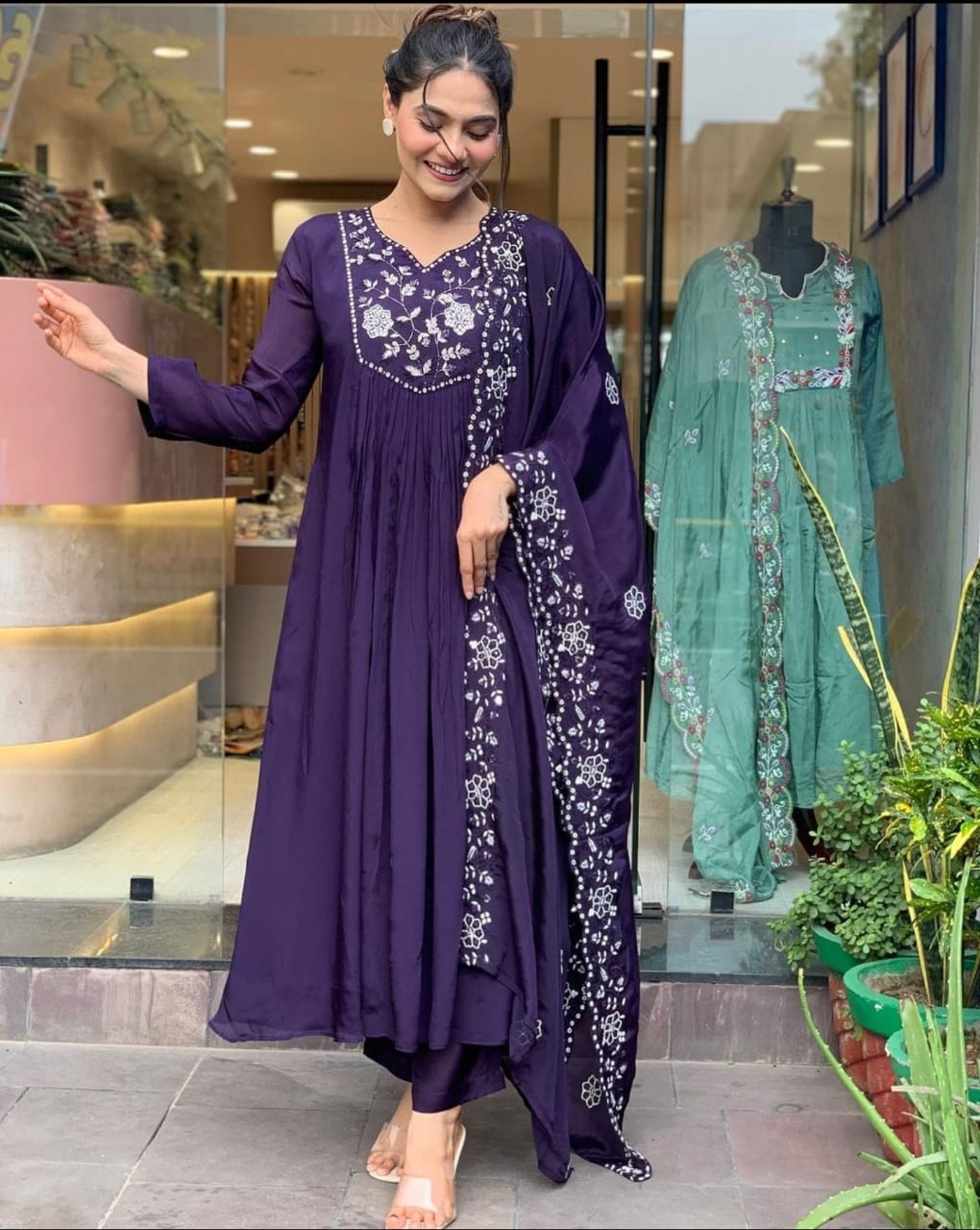 Women Purple Embroidery Rayon Kurta Pant and Chinon Dupatta set