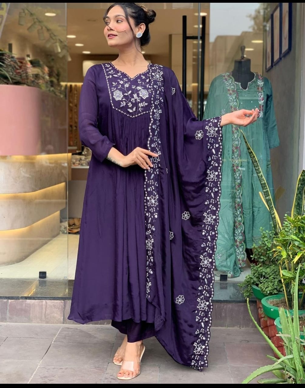 Women Purple Embroidery Rayon Kurta Pant and Chinon Dupatta set