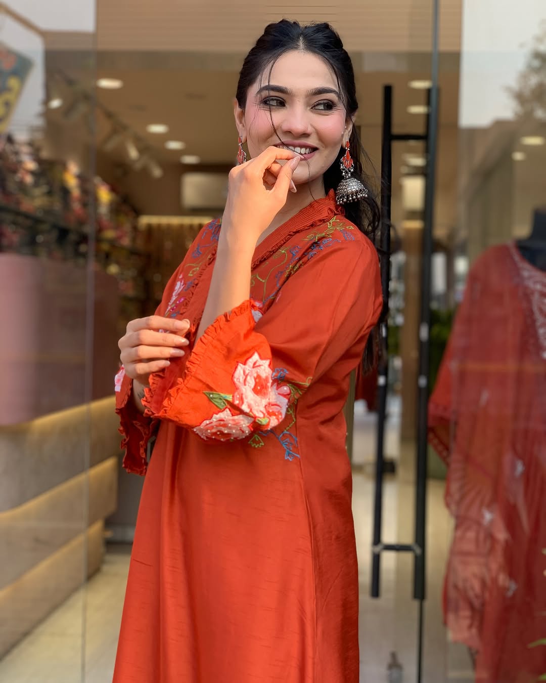 Women Orange Cotton Embroidery Kurta Pant and Chanderi Dupatta set