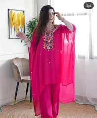 Women Pink Embroidery Kaftan and Pant set