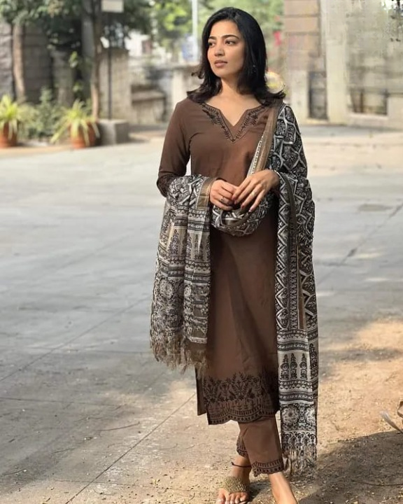 Women Brown Cotton Kurta Pant and Dupatta set