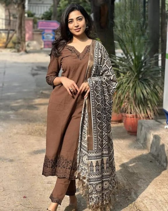 Women Brown Cotton Kurta Pant and Dupatta set