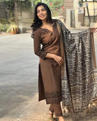 Women Brown Cotton Kurta Pant and Dupatta set