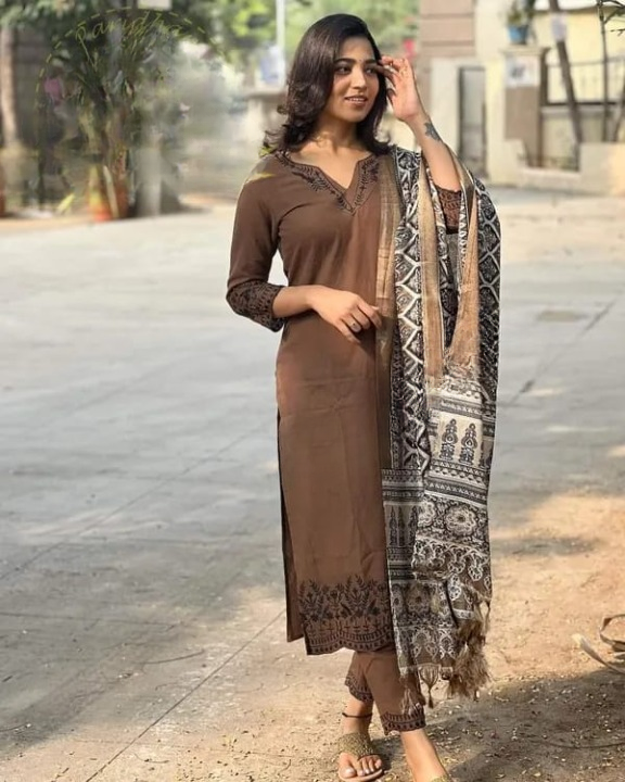 Women Brown Cotton Kurta Pant and Dupatta set