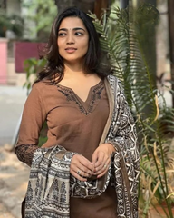 Women Brown Cotton Kurta Pant and Dupatta set