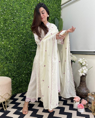 Women Cotton White Supreme Kurta Pant and Mulmul Dupatta set