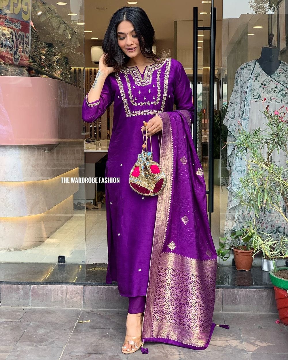 Women Roman Silk Purple Kurta Pant and Banarasi Dupatta set