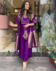 Women Roman Silk Purple Kurta Pant and Banarasi Dupatta set