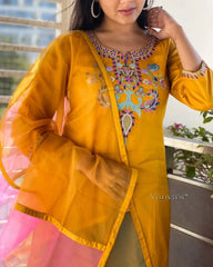 Women Yellow Cotton Kurta Pant and Dupatta set