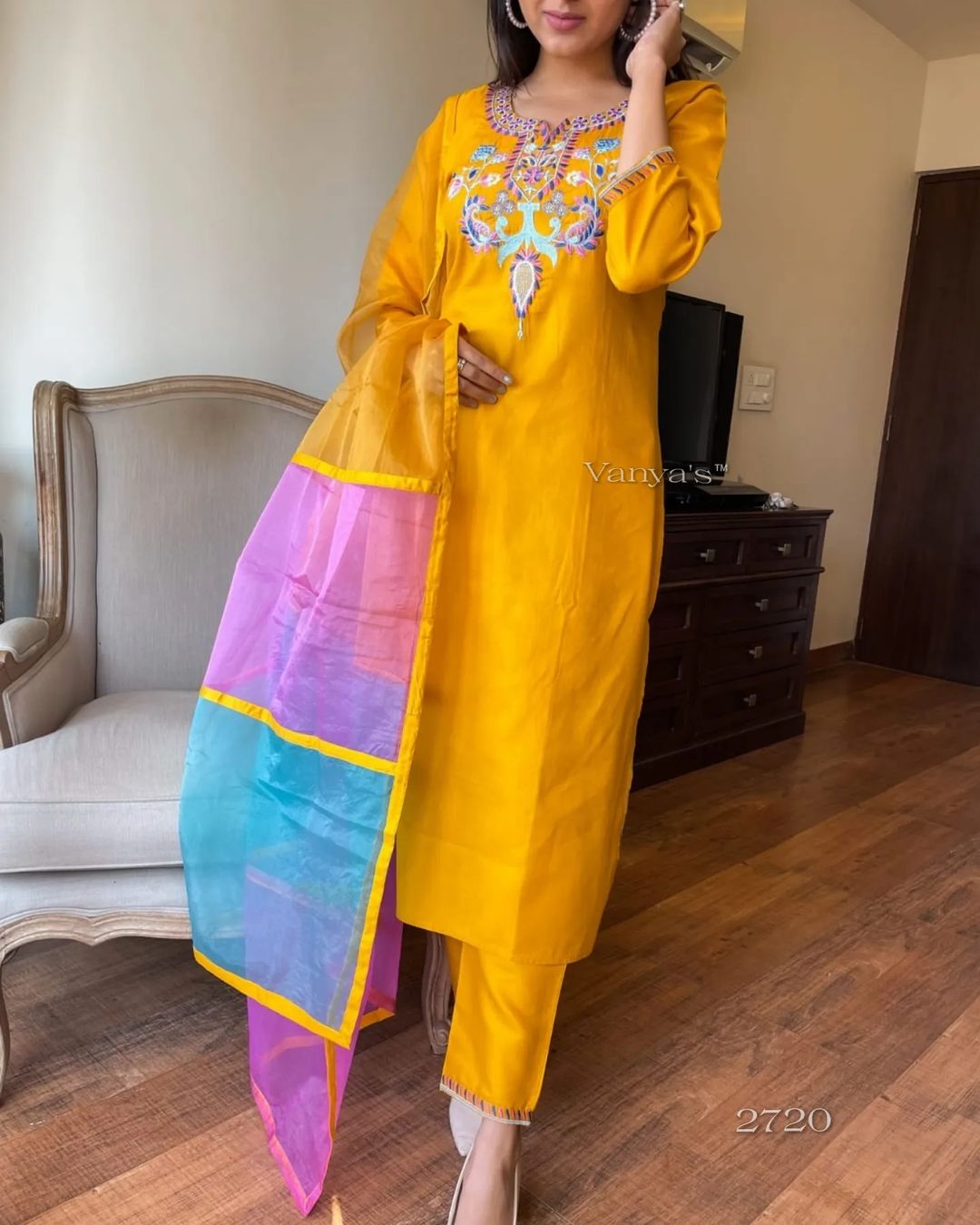 Women Yellow Cotton Kurta Pant and Dupatta set