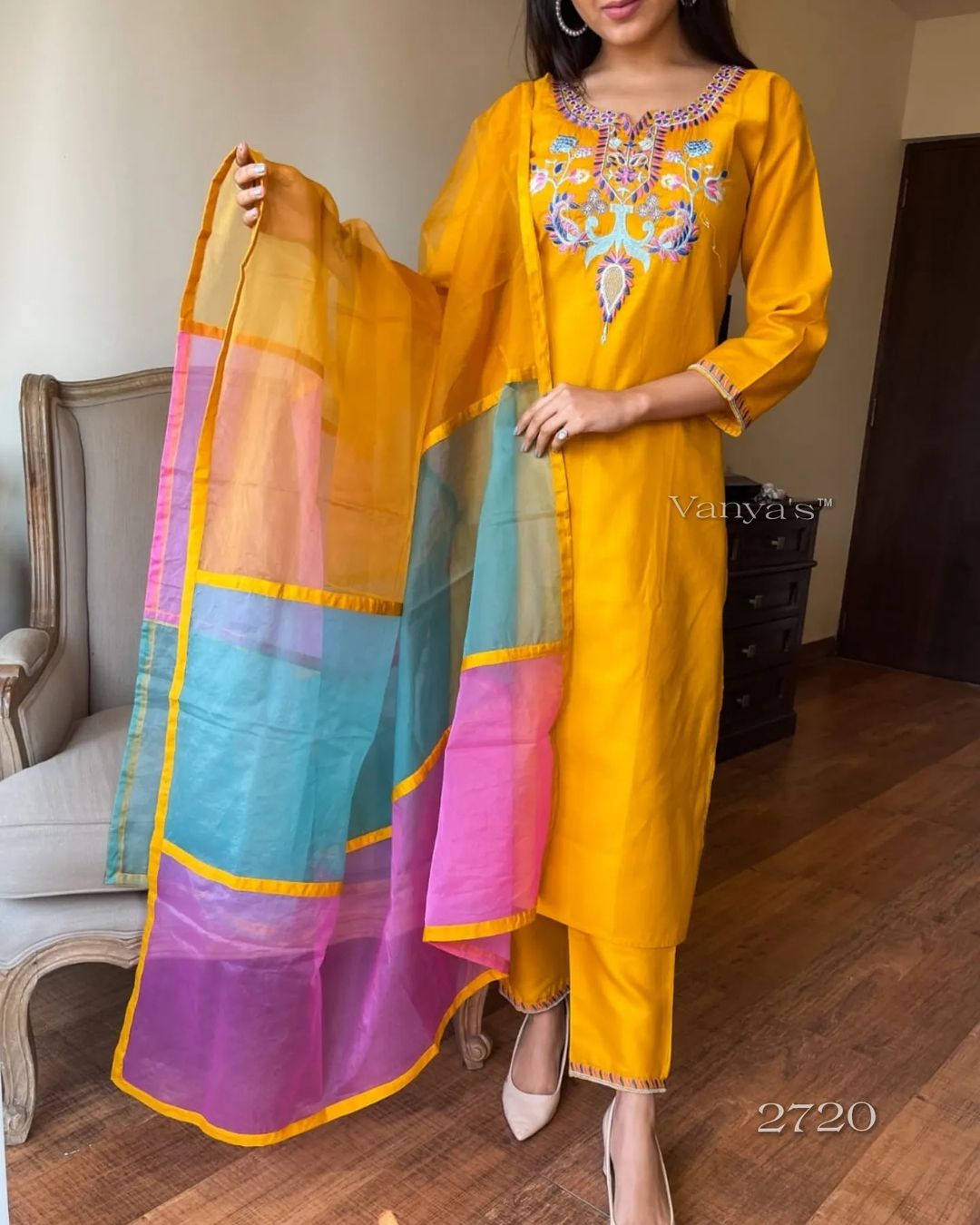 Women Yellow Cotton Kurta Pant and Dupatta set