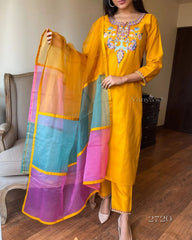 Women Yellow Cotton Kurta Pant and Dupatta set