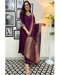 Women Chanderi Silk Purple Kurta Pant and Banarasi Dupatta set