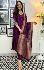 Women Chanderi Silk Purple Kurta Pant and Banarasi Dupatta set