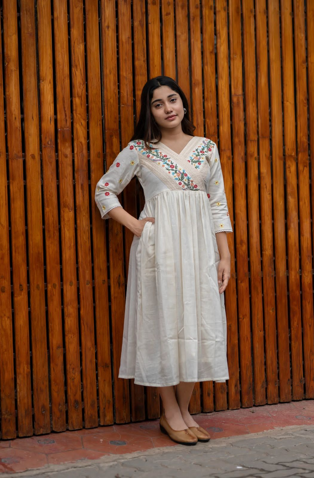 Women White Cotton Embroidery Middi Gown 2