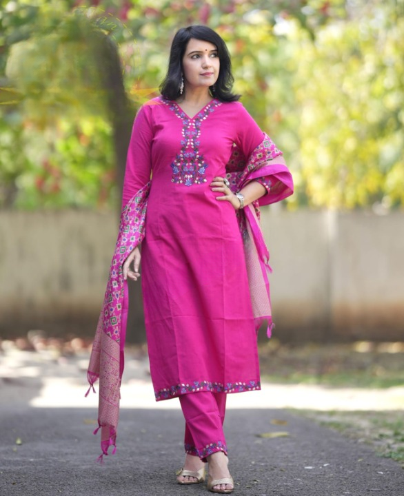 Women Pink Embroidery Cotton Kurta Pant and Dupatta set