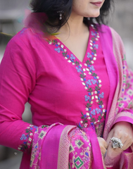 Women Pink Embroidery Cotton Kurta Pant and Dupatta set