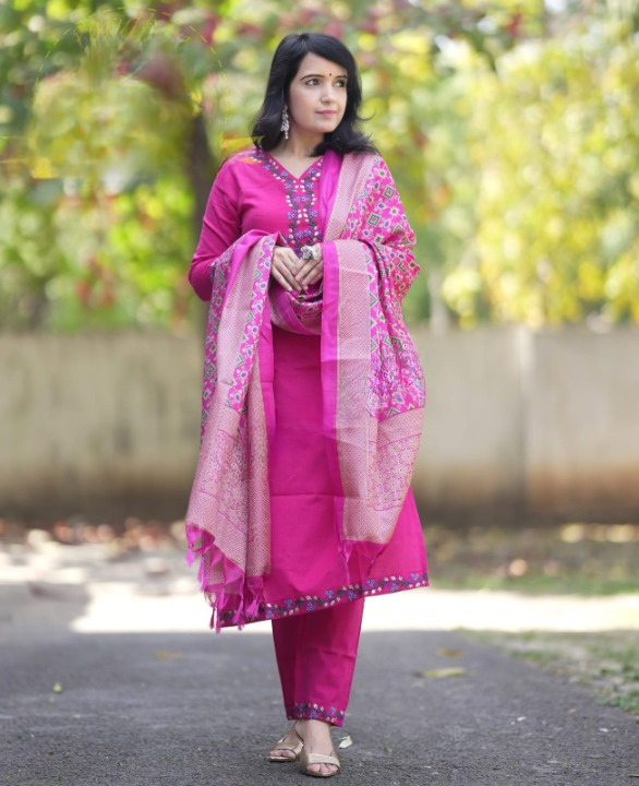 Women Pink Embroidery Cotton Kurta Pant and Dupatta set