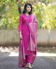 Women Pink Embroidery Cotton Kurta Pant and Dupatta set