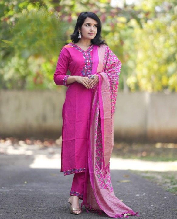 Women Pink Embroidery Cotton Kurta Pant and Dupatta set