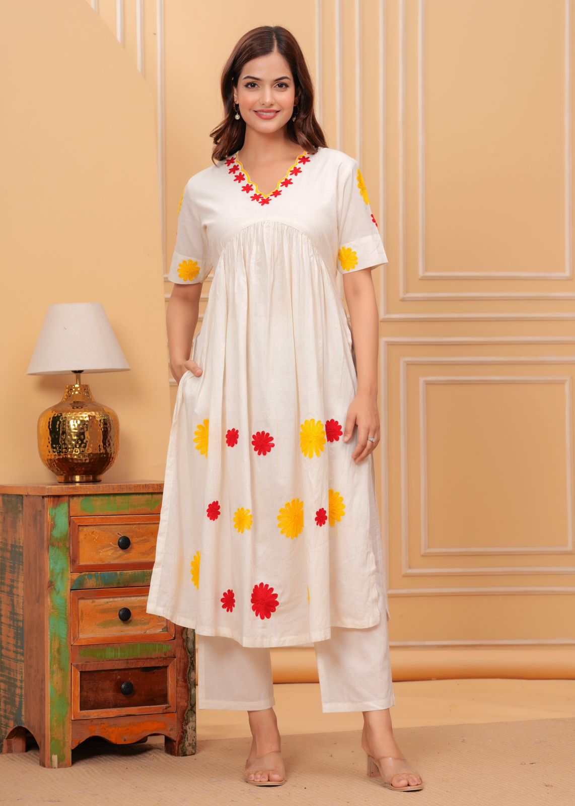 Women White Cotton Embroidery cut Kurta Pant set