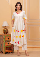 Women White Cotton Embroidery cut Kurta Pant set