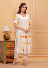 Women White Cotton Embroidery cut Kurta Pant set