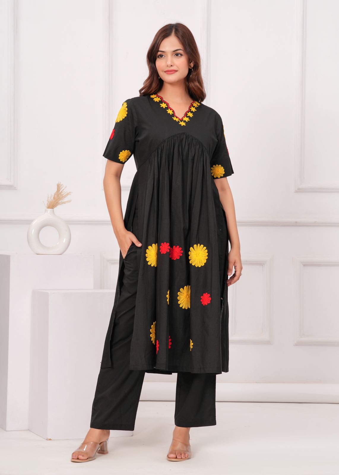 Women Black Cotton Embroidery cut Kurta Pant set