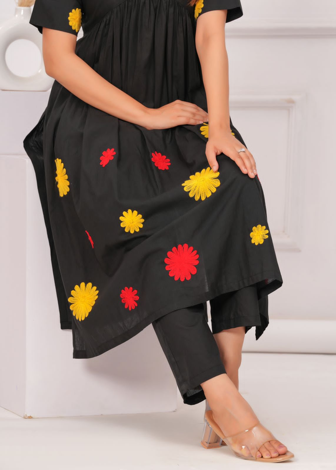 Women Black Cotton Embroidery cut Kurta Pant set