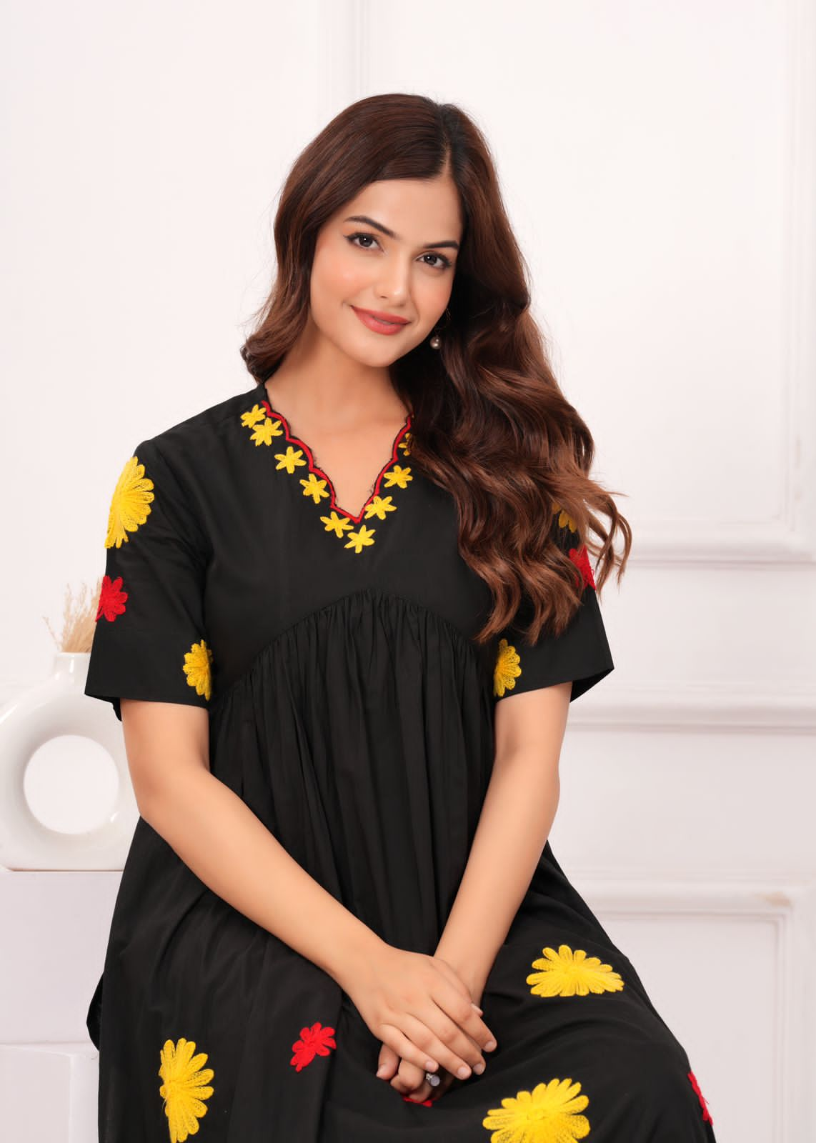 Women Black Cotton Embroidery cut Kurta Pant set