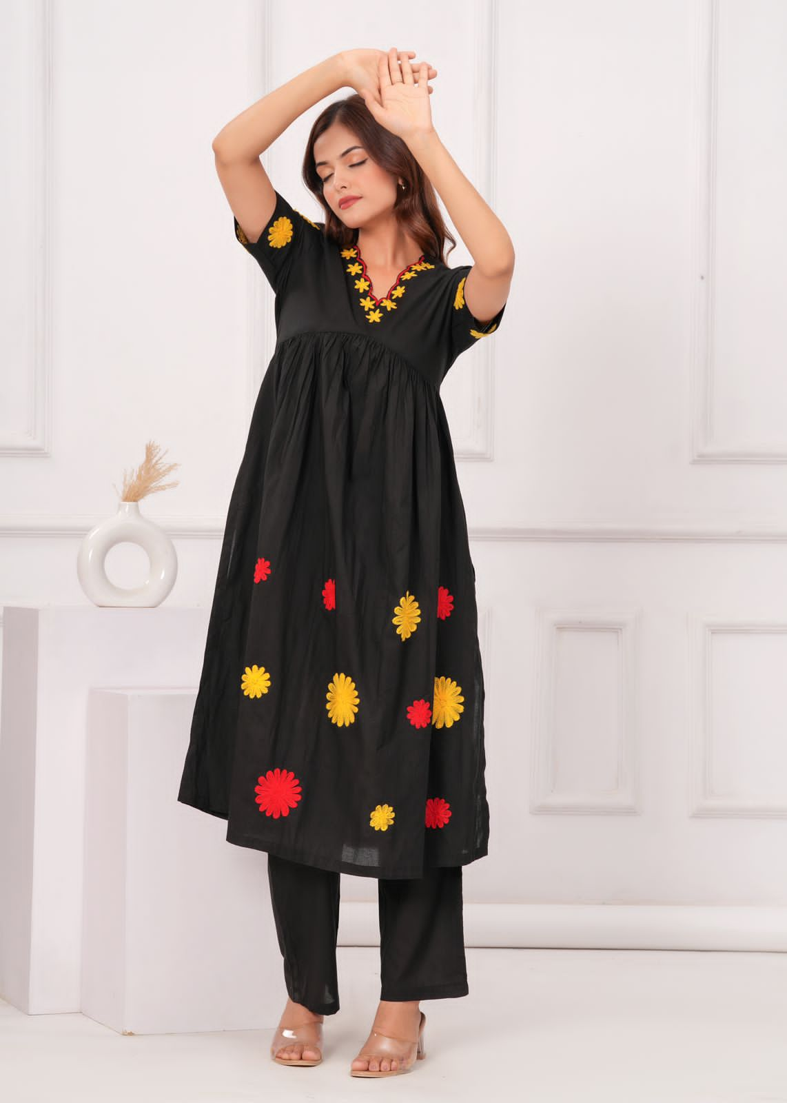 Women Black Cotton Embroidery cut Kurta Pant set