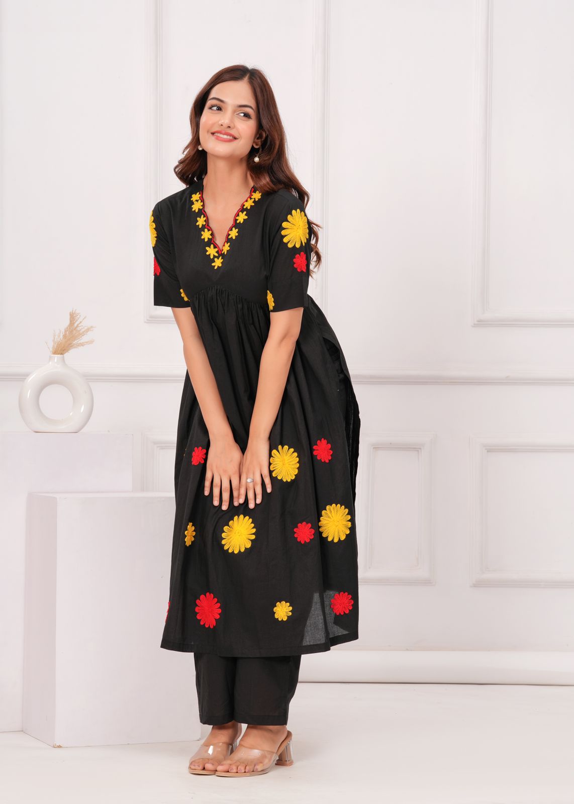 Women Black Cotton Embroidery cut Kurta Pant set