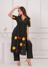 Women Black Cotton Embroidery cut Kurta Pant set