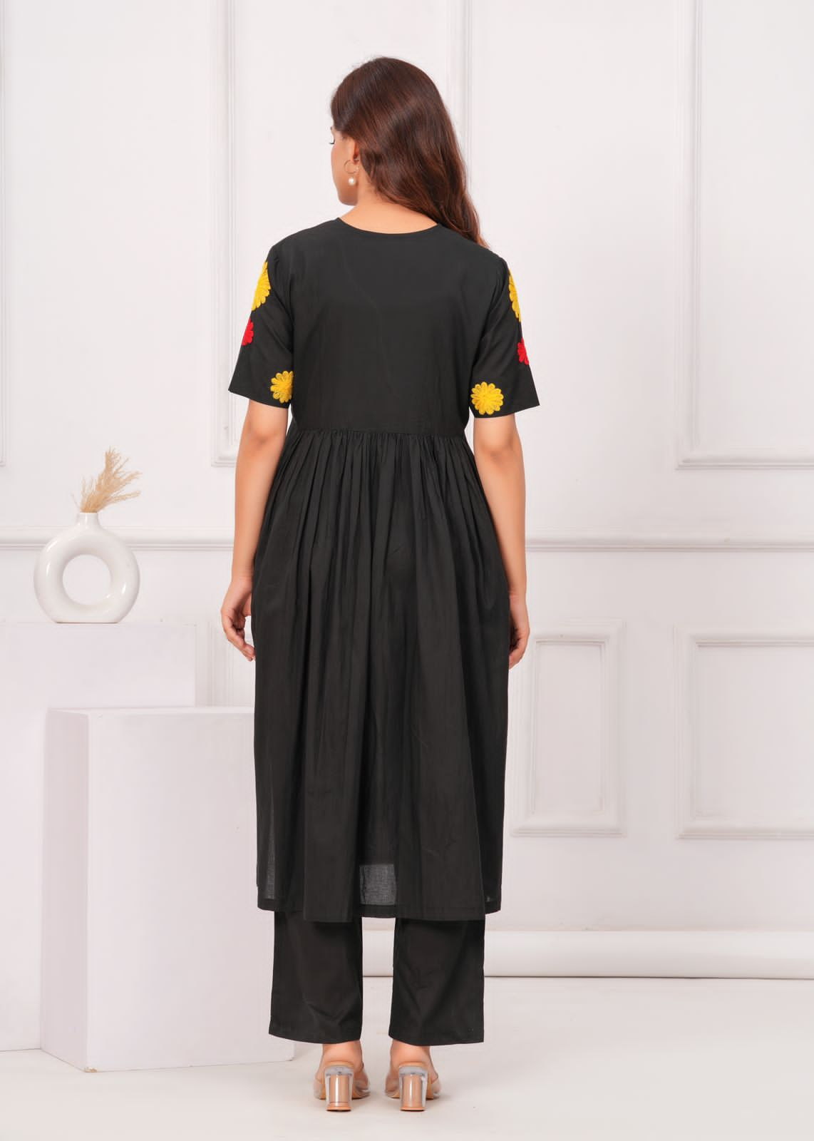 Women Black Cotton Embroidery cut Kurta Pant set