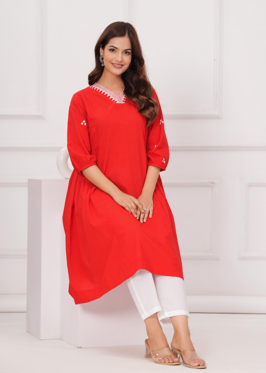 Women Red Cotton Kurta Pant set