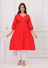 Women Red Cotton Kurta Pant set