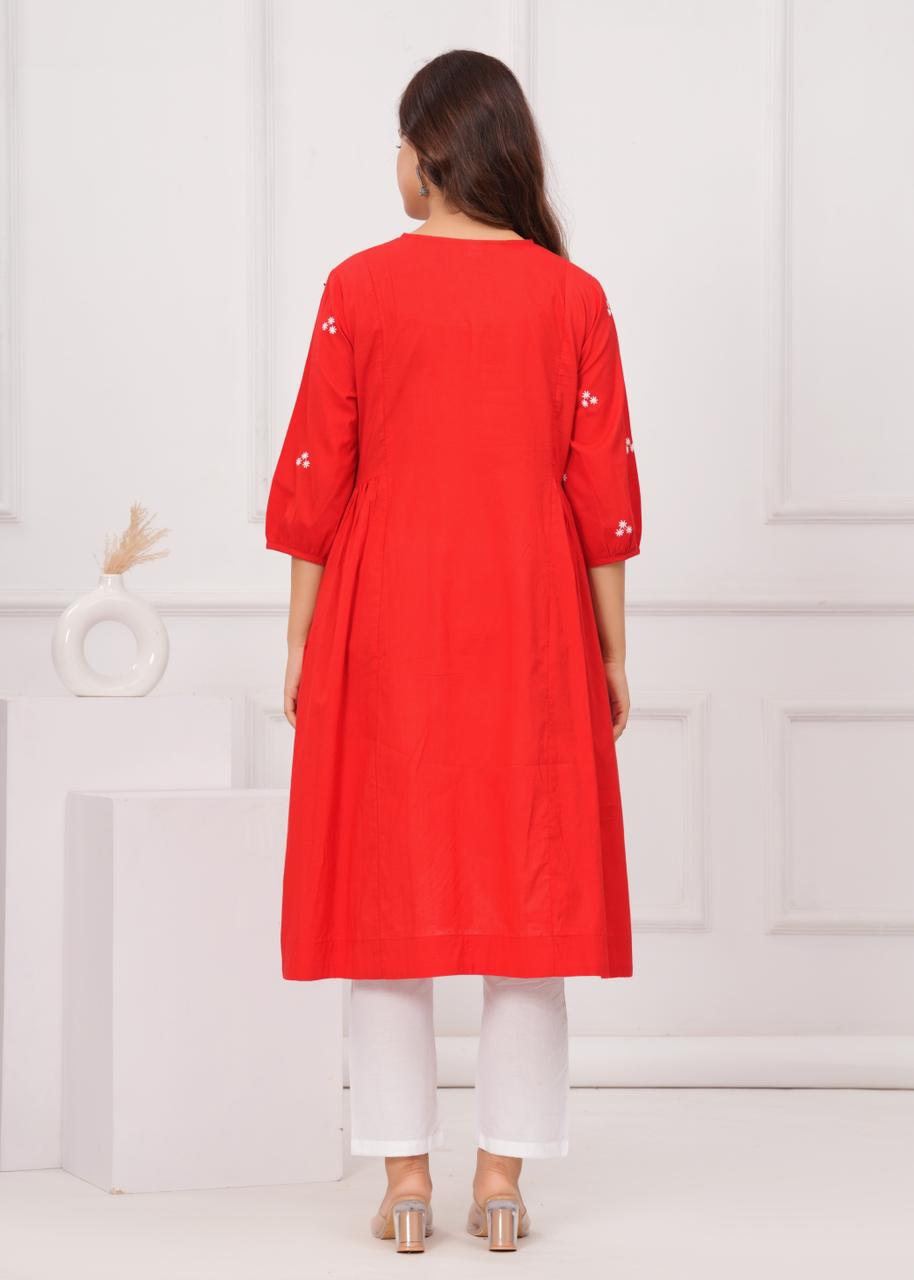 Women Red Cotton Kurta Pant set