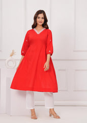 Women Red Cotton Kurta Pant set