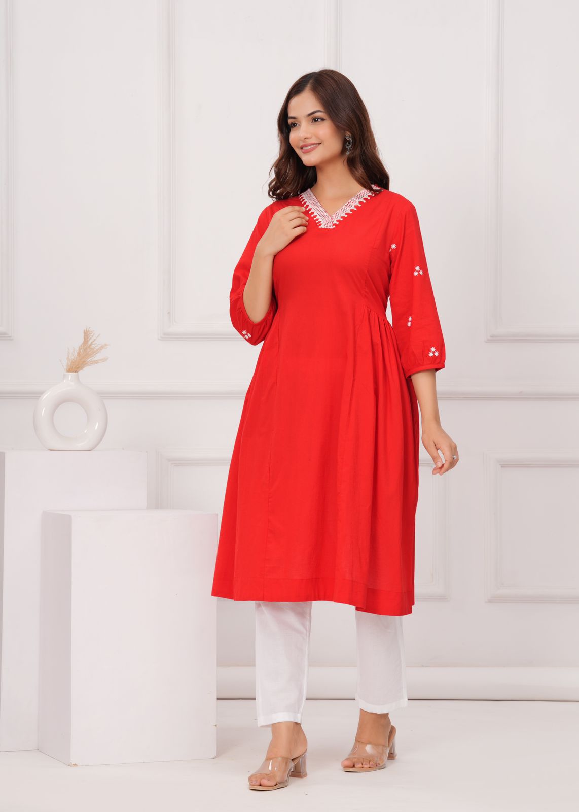 Women Red Cotton Kurta Pant set