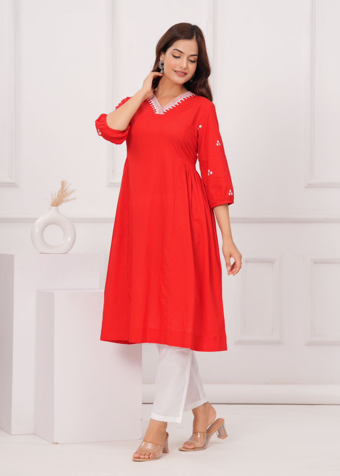 Women Red Cotton Kurta Pant set