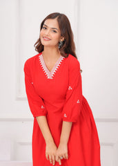 Women Red Cotton Kurta Pant set