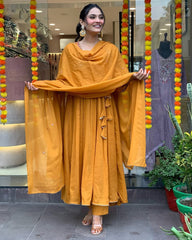 Women Mustard Yellow Cotton Kurta Pant and Dupatta set