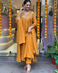 Women Mustard Yellow Cotton Kurta Pant and Dupatta set