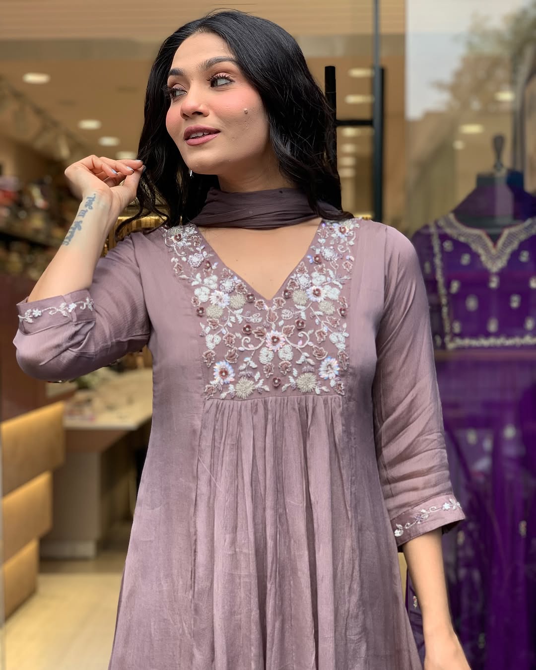 Women Lilac Cotton Kurta Pant and Dupatta set