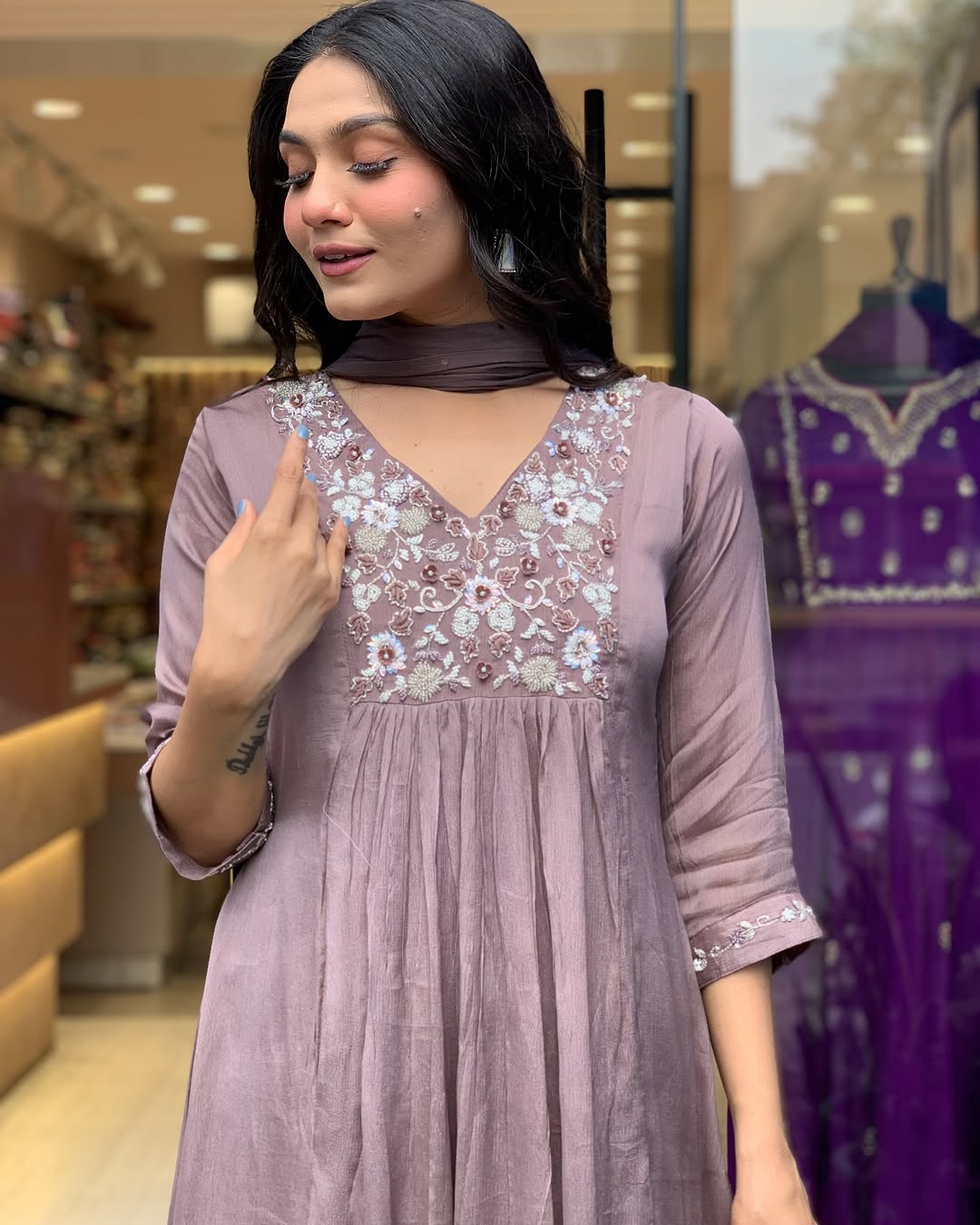 Women Lilac Cotton Kurta Pant and Dupatta set