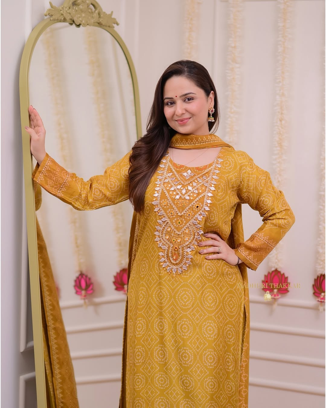 Women Silk Mustard Kurta Pant and Chinon Silk Dupatta set