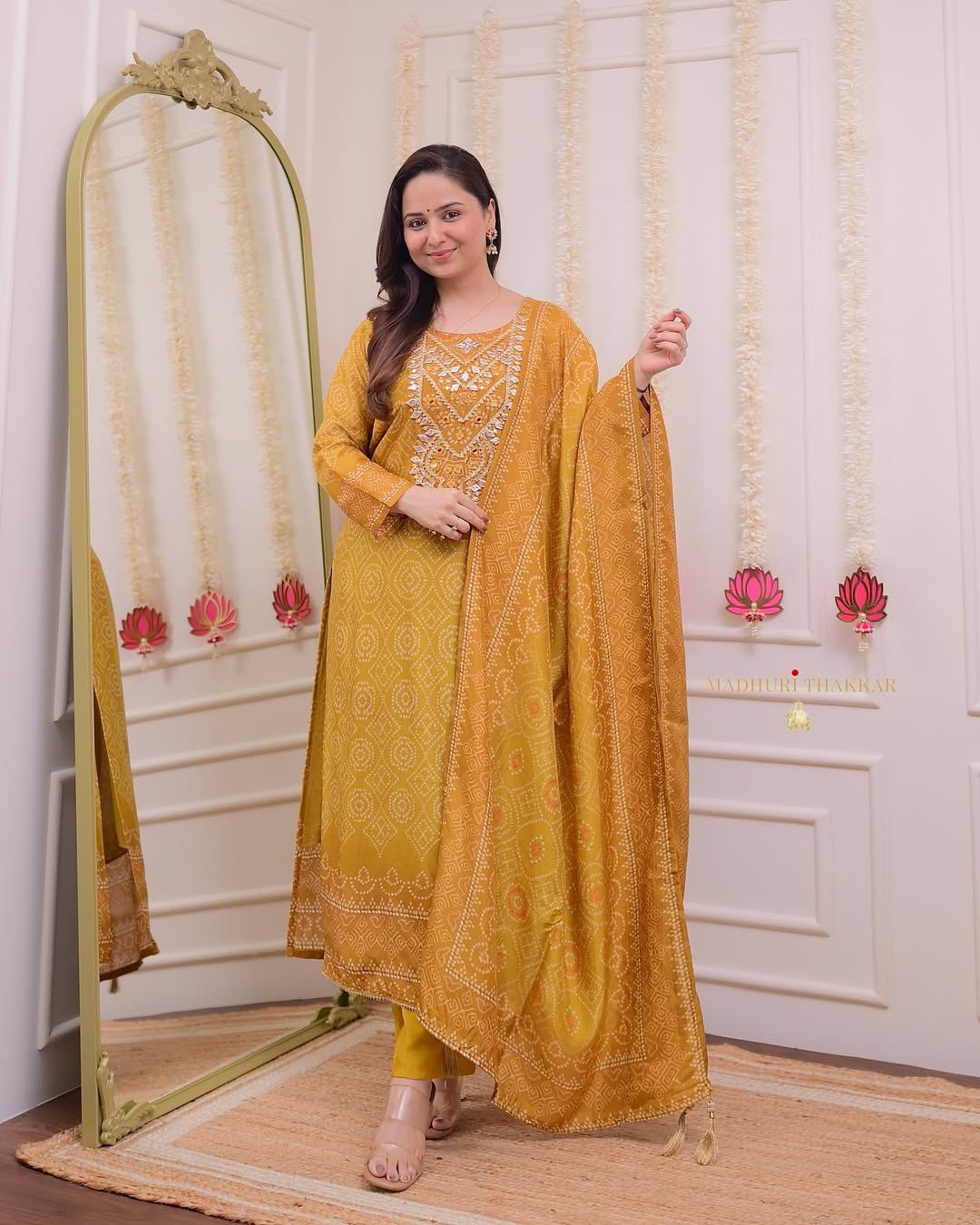 Women Silk Mustard Kurta Pant and Chinon Silk Dupatta set